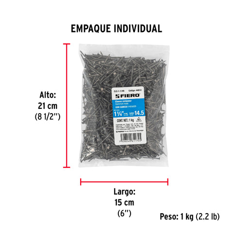 Bolsa con 1 kg de clavo estándar 1-1/4' con cabeza, FIERO | CLE-1-1/4B | 44814