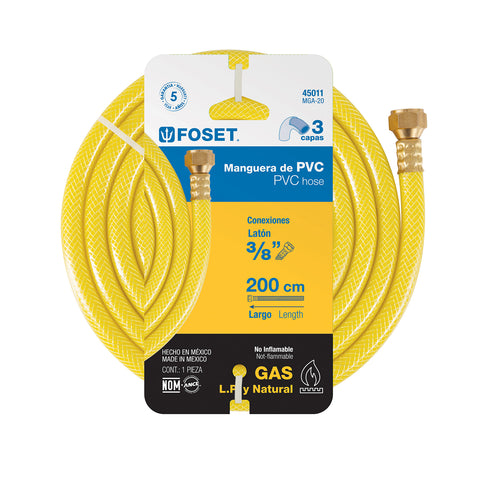 Manguera para gas, PVC amarilla, 3/8' flare, 2 m, FOSET | MGA-20 | 45011
