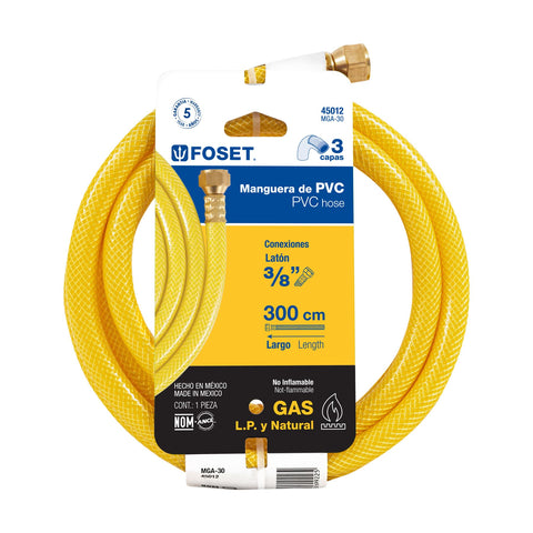 Manguera para gas, PVC amarilla, 3/8' flare, 3 m, FOSET | MGA-30 | 45012