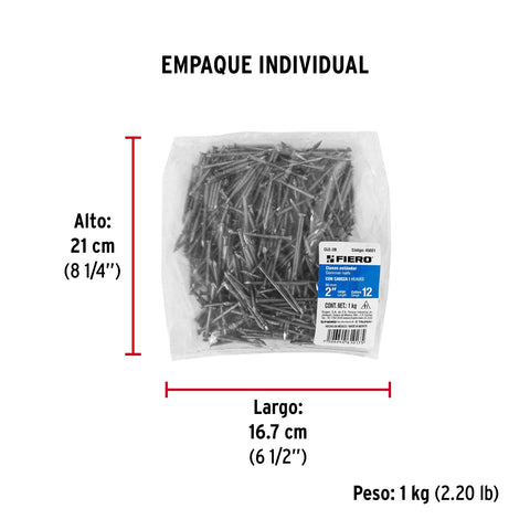 Bolsa con 1 kg de clavo estándar 2' con cabeza, FIERO | CLE-2B | 45021