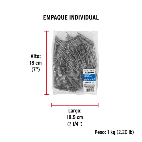 Bolsa con 1 kg de clavo estándar 2-1/2' con cabeza, FIERO | CLE-2-1/2B | 45022