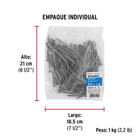 Bolsa con 1 kg de clavo estándar 3-1/2' con cabeza, FIERO | CLE-3-1/2B | 45024