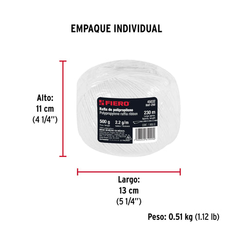 Rollo de rafia de 230 m color blanco calibre 2.2 g/m, FIERO | RAF-250 | 45032
