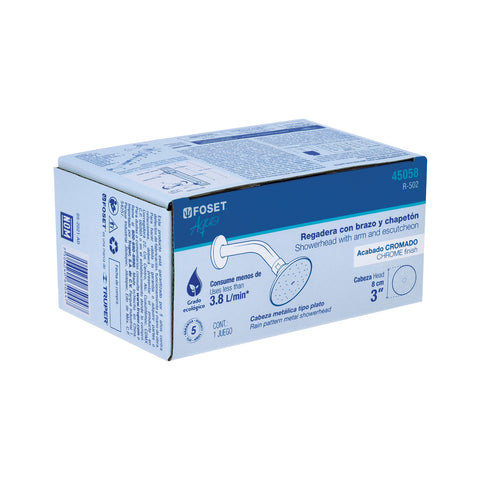 Regadera redonda 3', metálica, brazo y chapetón, cromo, AQUA | R-502 | 45058