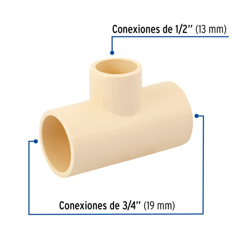 Tee reducida central de CPVC 3/4' x 3/4' x 1/2', FOSET | CPVC-722 | 45072