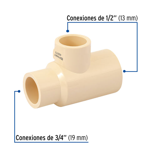 Tee reducida lateral de CPVC 3/4' x 1/2' x 1/2' , FOSET | CPVC-723 | 45073
