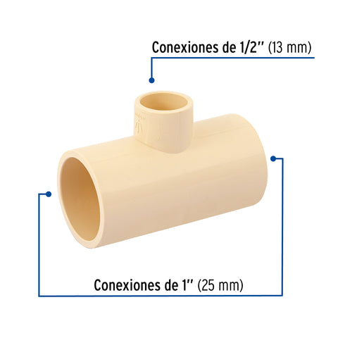 Tee reducida central de CPVC 1' x 1' x 1/2', FOSET | CPVC-725 | 45074