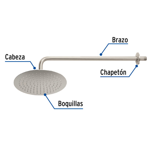Regadera plato redondo 10' con brazo, satín, FOSET RIVIERA | R-311N | 45078