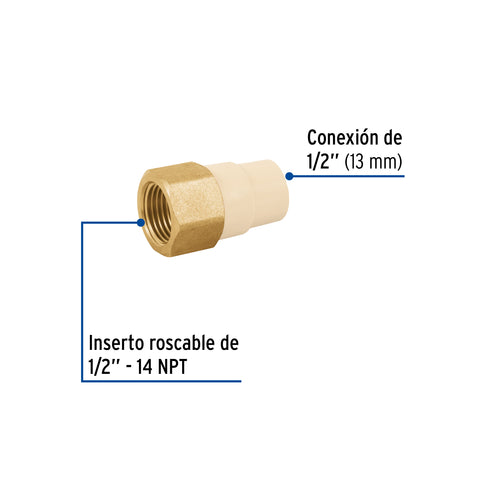 Adaptador hembra de CPVC 1/2' con inserto de latón, FOSET | CPVC-641 | 45107