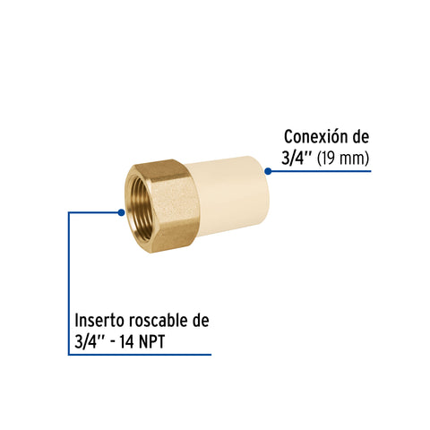 Adaptador hembra de CPVC 3/4' con inserto de latón, FOSET | CPVC-642 | 45108