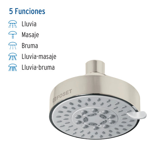 Regadera satín 4'con 5 funciones, sin brazo, FOSET ELEMENT | R-202SN | 45170