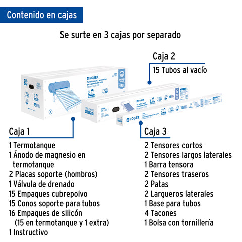 Calentador solar de agua, 15 tubos, 195L, 5 personas, FOSET | CALE-15S | 45272