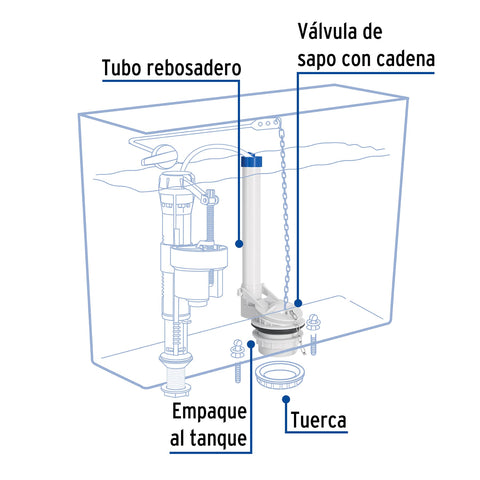 Válvula de descarga 2' para WC de 2 pzas, cadena inox, FOSET | VW-008 | 45306