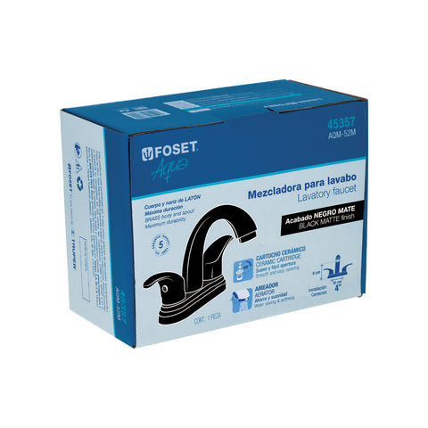 Mezcladora lavabo 4' negro, nariz curva, palanca, AQUA | AQM-52M | 45357