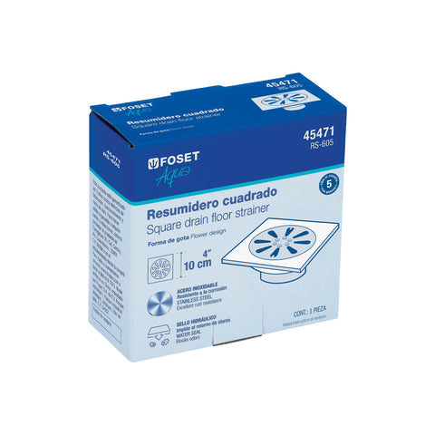 Resumidero cuadrado 4' x 4', acero inoxidable, gota, AQUA | RS-605 | 45471