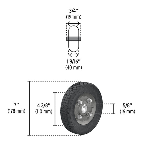 Rueda de hule sólido 7' para diablo, un balero, Pretul | RD-71 | 45482