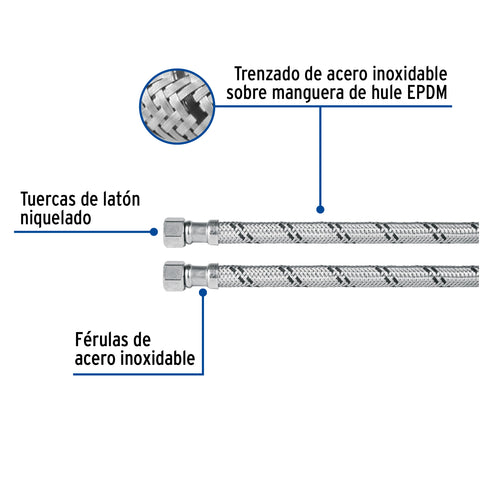 Manguera lavabo/fregadero, acero inox, 1/2' x 3/8', 55 cm | FLA-55XL | 45490