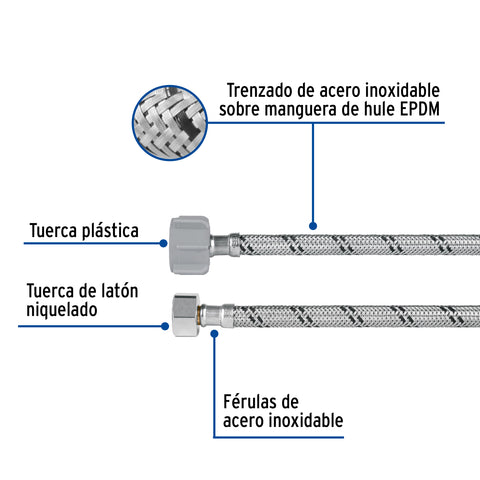 Manguera p/WC, acero inox, 3/8'x7/8', 50cm, plástico/latón | FWC-P50XL | 45501