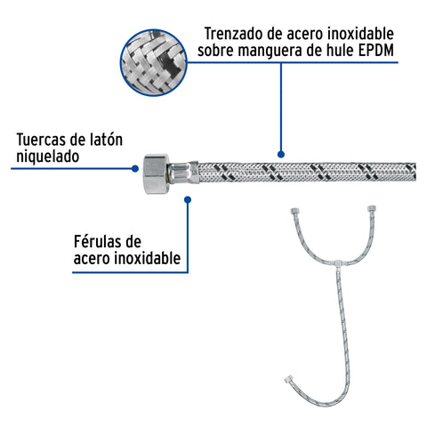 Manguera 'T' lavabo/fregadero,acero inox,3/8'x1/2'x1/2',55cm | FTE-55XL | 45506