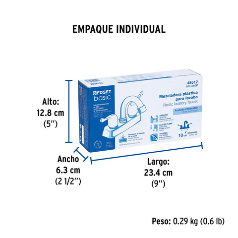 Mezcladora 4' lavabo, ABS, cuello curvo, palanca, BASIC | MP-050P | 45512