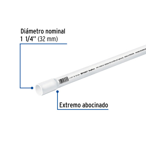 Tubo de 1-1/4' PVC hidráulico cédula 40, 3m, 1.9kg, FOSET | PVC-004 | 45520