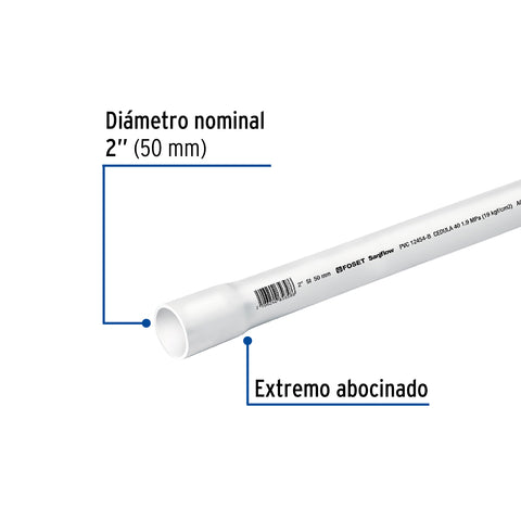 Tubo de 2' PVC hidráulico cédula 40, 3m, 3.1kg, FOSET | PVC-006 | 45522