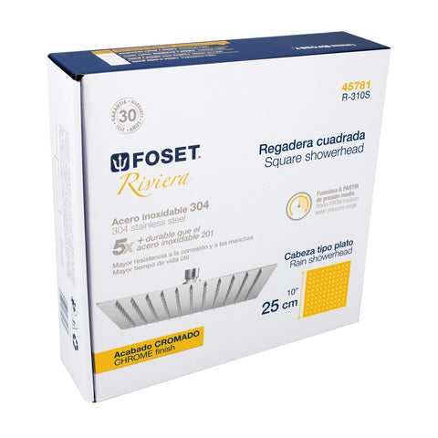Regadera plato cuadrado 10' sin brazo, cromo, FOSET RIVIERA | R-310S | 45781