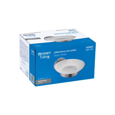 Jabonera metálica satín con plato de vidrio, FOSET TÚBIG | TBA-74N | 45965