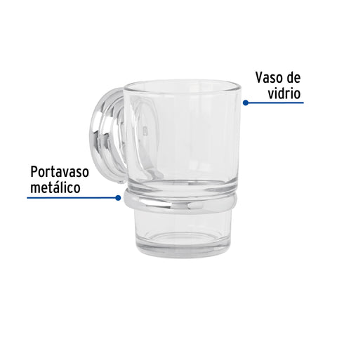 Portavaso cepillero cromo con vaso de vidrio, FOSET AQUA | AQA-81 | 45976
