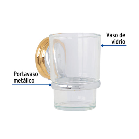 Portavaso cepillero cromo-oro con vaso de vidrio, FOSET AQUA | AQA-81G | 45977
