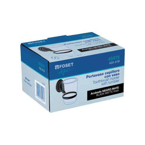 Portavaso cepillero negro con vaso de vidrio, FOSET AQUA | AQA-81M | 45979
