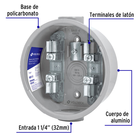 Base para watthorímetro, 4 terminales, Volteck | BASE-4 | 46025