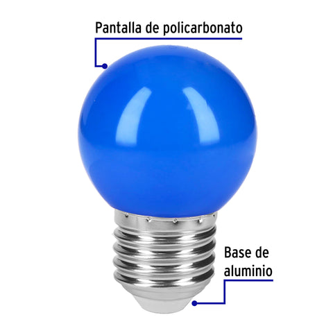 Lámpara LED tipo bulbo G45 1 W color azul, caja, Volteck | LED-1AZ | 46026