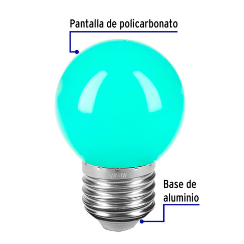Lámpara LED tipo bulbo G45 1 W color verde, caja, Volteck | LED-1VE | 46027