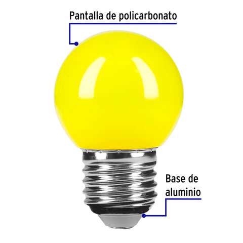 Lámpara LED tipo bulbo G45 1 W color amarillo, caja, Volteck | LED-1AM | 46028
