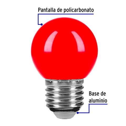Lámpara LED tipo bulbo G45 1 W color rojo, caja, Volteck | LED-1RO | 46029