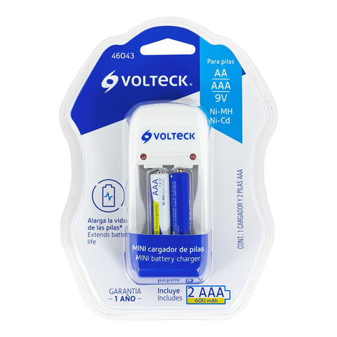 Cargador de pilas, AA, AAA y 9V incluye 2 pilas AAA, Volteck | CA-RE-7 | 46043