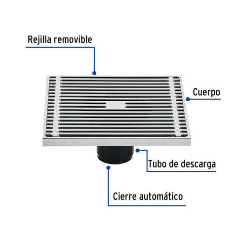 Resumidero cuadrado 6 x 6', latón, cromo, FOSET RIVIERA | RS-802 | 46049