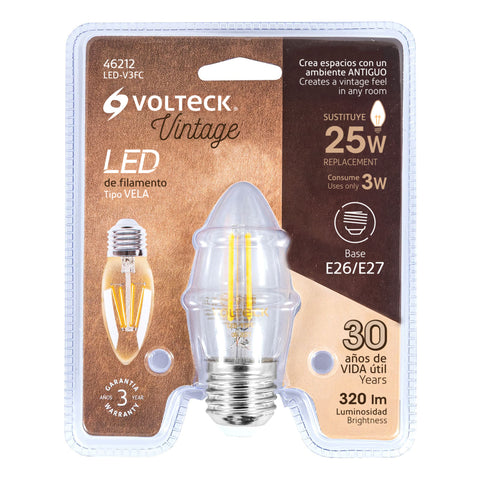 Lámpara LED tipo vela 3 W con filamento luz cálida, blíster | LED-V3FC | 46212