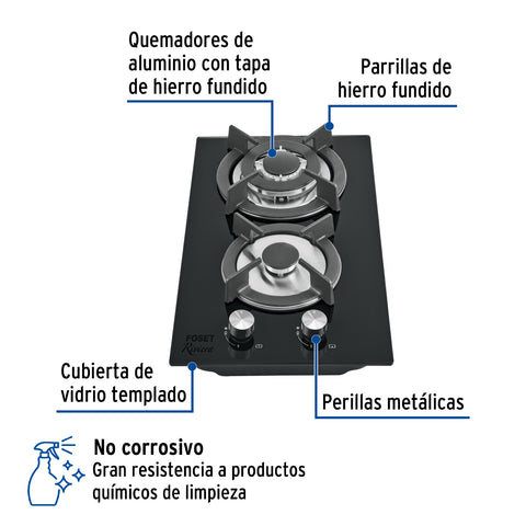 Parrilla gas empotrable 30cm, 2 quem, vidrio negro, RIVIERA | PAE-302GV | 46249