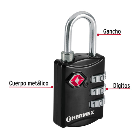 Candado maletero de combinación 27 mm seguridad TSA, blíster | CMA-5C | 46291