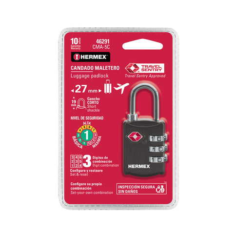 Candado maletero de combinación 27 mm seguridad TSA, blíster | CMA-5C | 46291