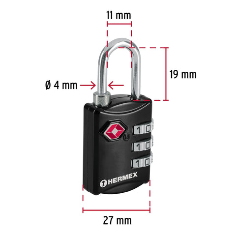 Candado maletero de combinación 27 mm seguridad TSA, blíster | CMA-5C | 46291