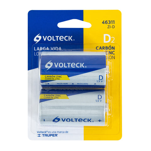 Blíster con 2 pilas zinc-carbón D, VOLTECK | ZI-D | 46311