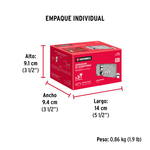Cerradura sobreponer izq instalafácil, llave puntos, caja | CS-75IQ | 46559