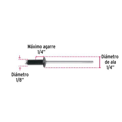 Bolsa c/50 remaches 1/8'x1/4' negros de aluminio, ala 1/4' | R-44BN | 46561