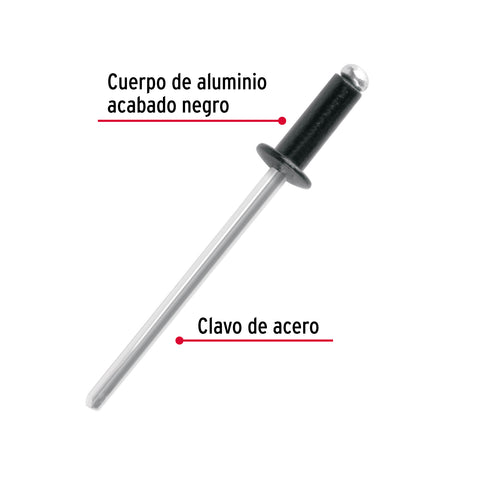 Bolsa c/50 remaches 1/8'x1/4' negros de aluminio, ala 1/4' | R-44BN | 46561
