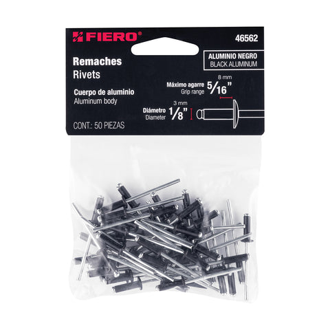Bolsa c/50 remaches 1/8'x5/16' negros de aluminio, ala 1/4' | R-45BN | 46562