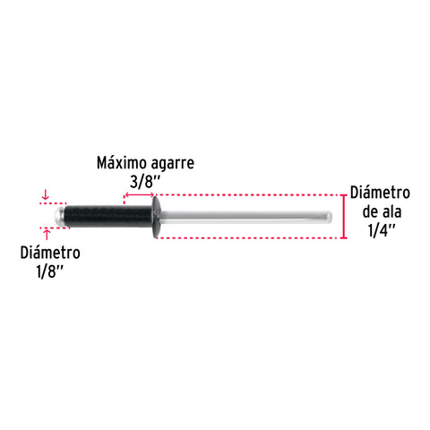 Bolsa c/50 remaches 1/8'x3/8' negros de aluminio, ala 1/4' | R-46BN | 46563