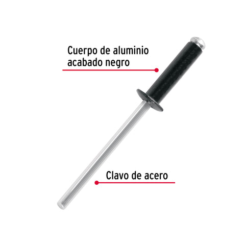 Bolsa c/50 remaches 1/8'x3/8' negros de aluminio, ala 1/4' | R-46BN | 46563